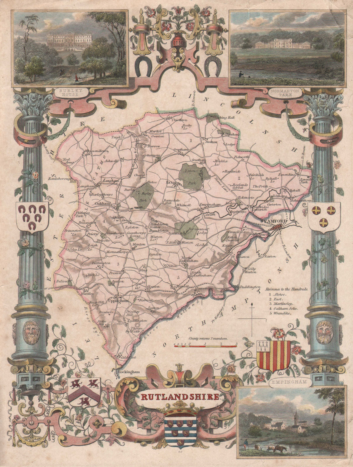 Rutlandshire antique hand-coloured county map. Pink & turquoise. MOULE c1840